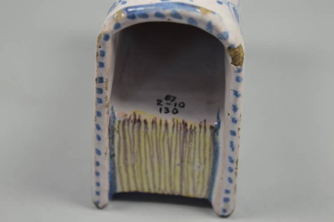 jdmccafferty's tweet image. Ornament (perhaps a hand-warmer or flower holder), tin-glazed earthenware, moulded in the form of a book, 1658 from #Southwark (BM)