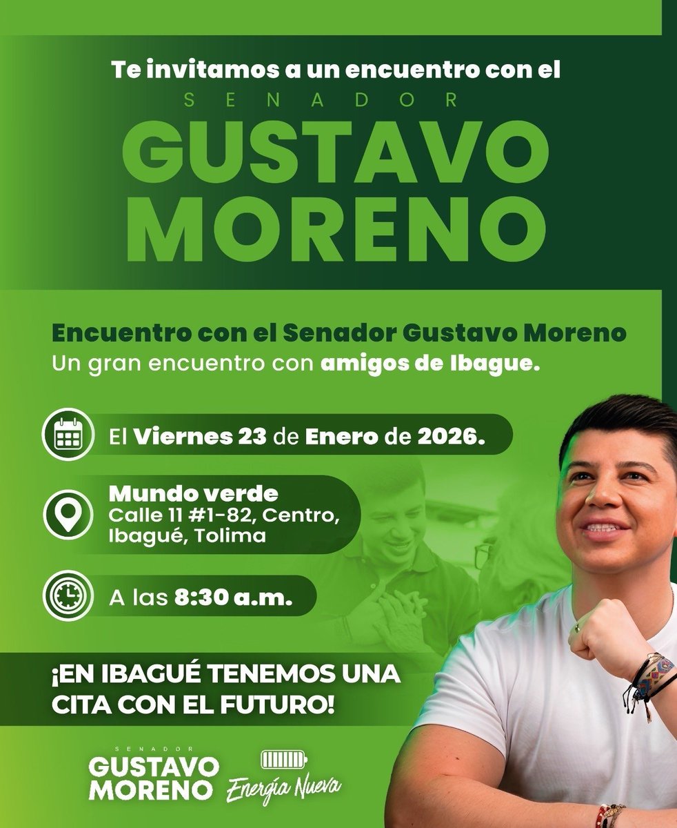 ElbogaNet's tweet image. El 23 de enero llegá de correria al Tolima el senador @GustavoMoreno__  , el mismo que puso a trabajar los presos en Colombia. 
Conozca parte de su agenda 📷