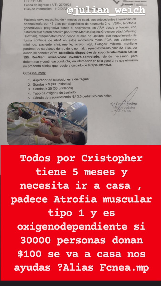 AnyColazo's tweet photo. Hola a todos,Cristopher padece Atrofia muscular tipo 1 necesita los equipos de oxigeno para ir a casa solo necesita que 30000 personas donen $100 que compartas nos ayuda para que estos papás puedan llevar a su pequeño a casa Alias https://t.co/bj1UXMFltX @churreriaeltopo  un RT ? https://t.co/aqz5TtYLiQ