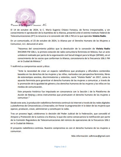 CDMX volverá a tener radio feminista 📻💜

El pasado 15 de enero de 2026, la Comisión Reguladora de Telecomunicaciones notificó a la Alianza por el Derecho Humano de las Mujeres a Comunicar, su autorización para el reinicio de operaciones de la frecuencia 106.1 FM.

El proyecto