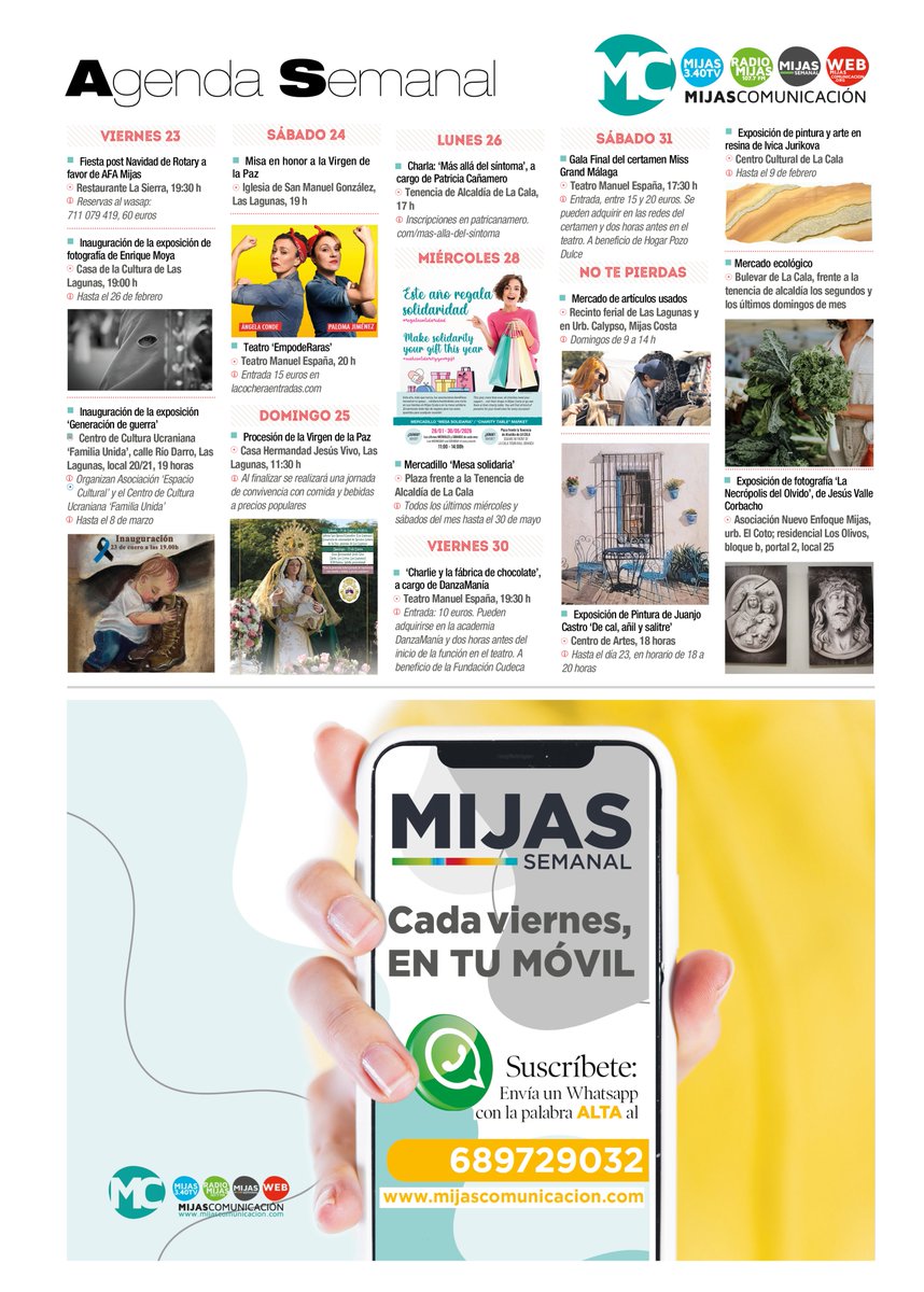 #Agenda | #Mijas 
📆 Mijas Semanal te acerca la agenda de eventos: exposiciones, fiestas, conferencias, conciertos, mercadillos y mucho más para disfrutar al máximo de las ofertas culturales y de ocio del municipio. 
📲 689 72 90 32 
🇪🇸 tinyurl.com/4hxkfdt4