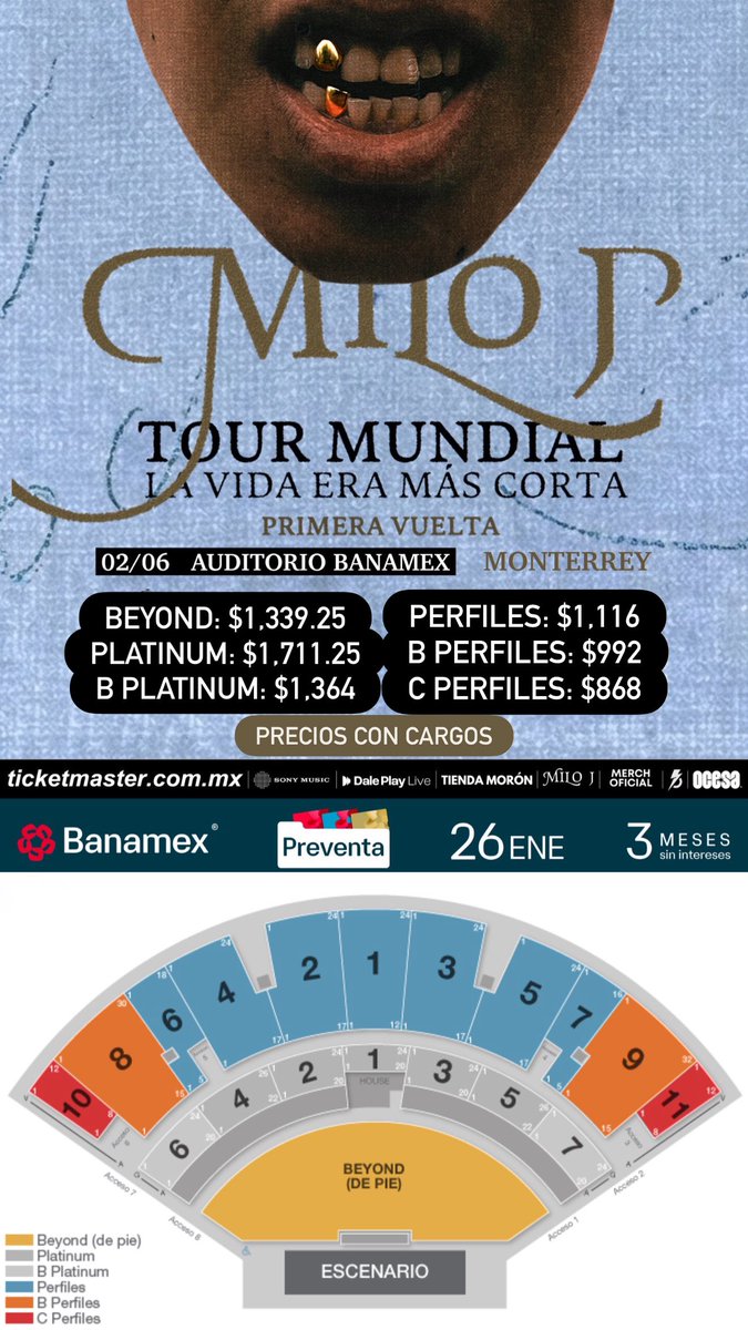 ailoviutl's tweet image. 🚨 PRECIOS DE BOLETOS OFICIALES 🚨

🎤 MILO J 🎤 
TOUR MUNDIAL LA VIDA ERA MÁS CORTA

🗓️ Martes 2 de Junio del 2026 🗓️
🏟️ Auditorio Banamex 🏟️
📍 Monterrey, Nuevo León 📍

🗓️ Jueves 4 de Junio del 2026 🗓️
🏟️ Auditorio Telmex 🏟️
📍 Guadalajara, Jalisco 📍

🗓️ Sábado 6 de Junio del…