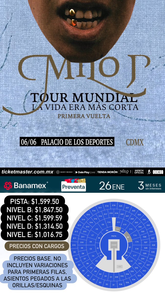 ailoviutl's tweet image. 🚨 PRECIOS DE BOLETOS OFICIALES 🚨

🎤 MILO J 🎤 
TOUR MUNDIAL LA VIDA ERA MÁS CORTA

🗓️ Martes 2 de Junio del 2026 🗓️
🏟️ Auditorio Banamex 🏟️
📍 Monterrey, Nuevo León 📍

🗓️ Jueves 4 de Junio del 2026 🗓️
🏟️ Auditorio Telmex 🏟️
📍 Guadalajara, Jalisco 📍

🗓️ Sábado 6 de Junio del…