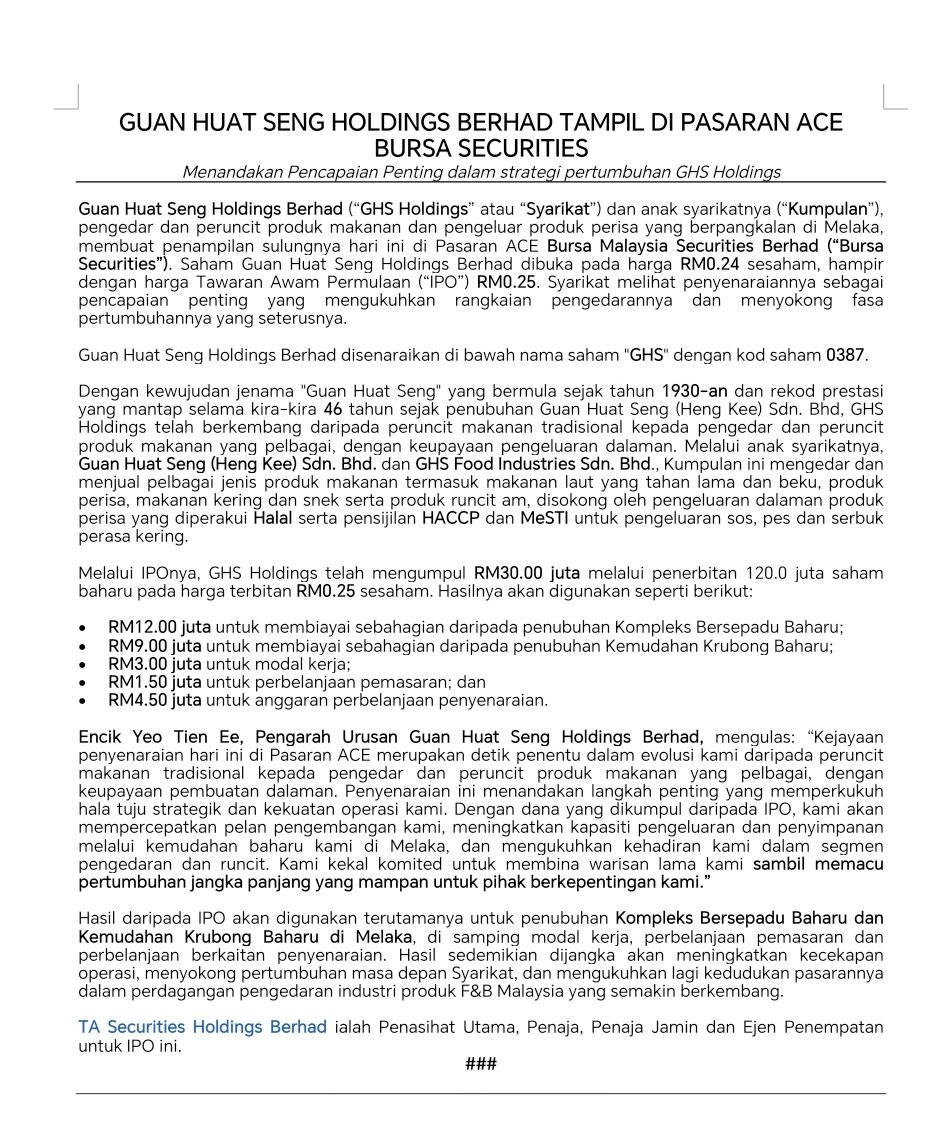 GUAN HUAT SENG HOLDINGS BERHAD TAMPIL DI PASARAN ACE BURSA SECURITIES