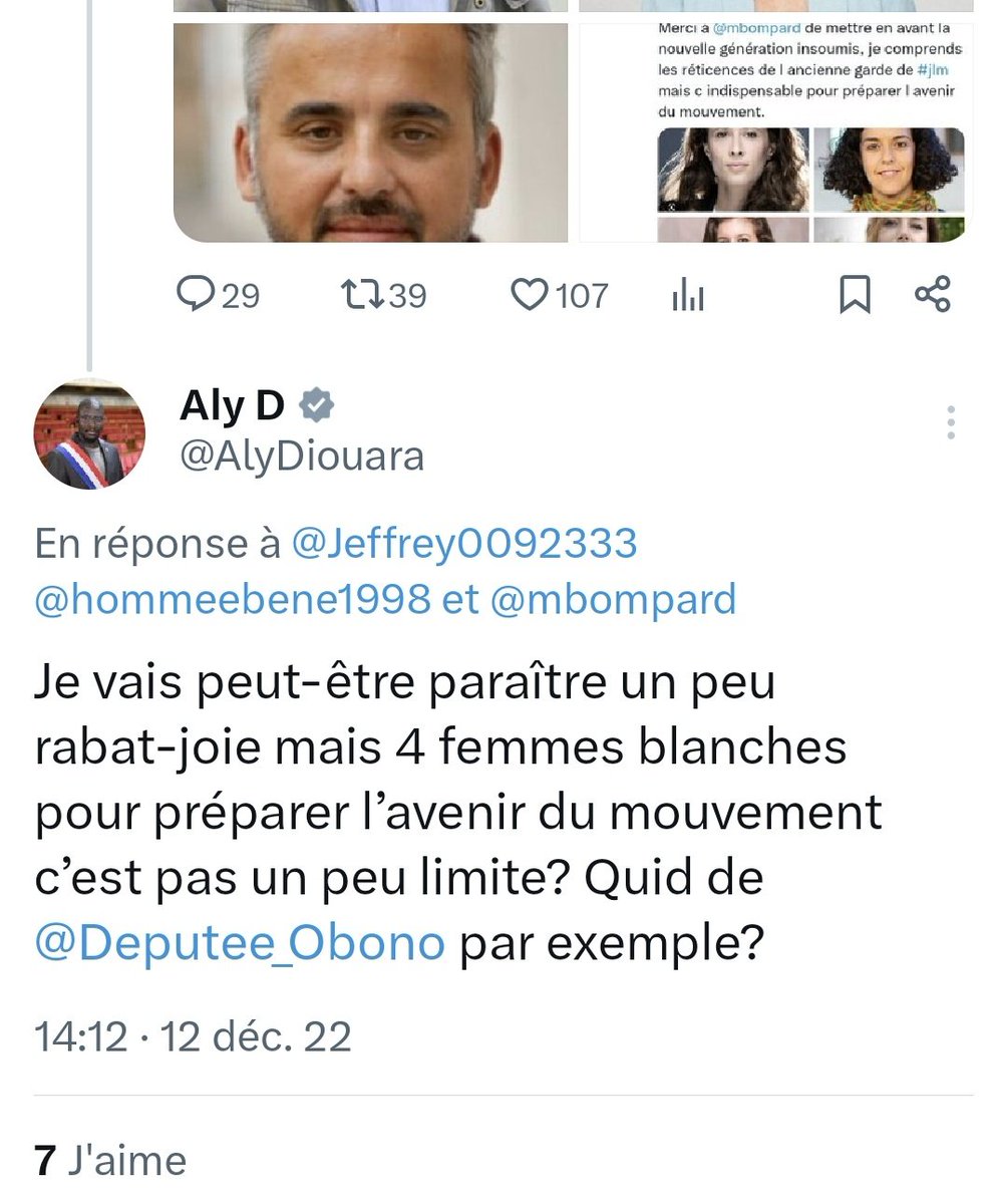 Aly Diouara sur Panot, Aubry, Guetté et Legrain : 

« Quatre femmes blanches pour préparer l’avenir du mouvement c’est pas un peu limite ? »