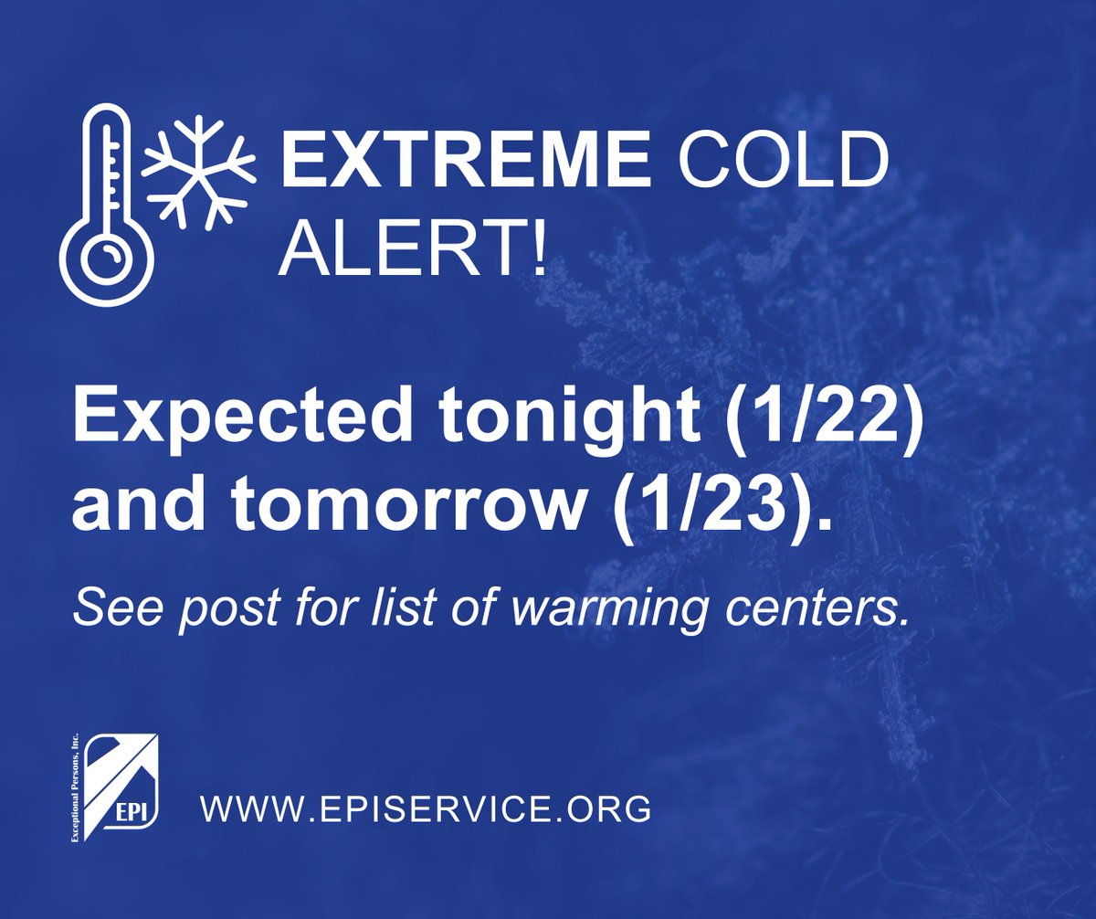 Dangerously cold temperatures are expected tonight (1/22) and tomorrow (1/23). Visit our Facebook page for a list of warming centers in Waterloo: facebook.com/ExperienceEPI

#ExtremeWeather #WeAreEPI #CommunitySupport #WarmingCenter