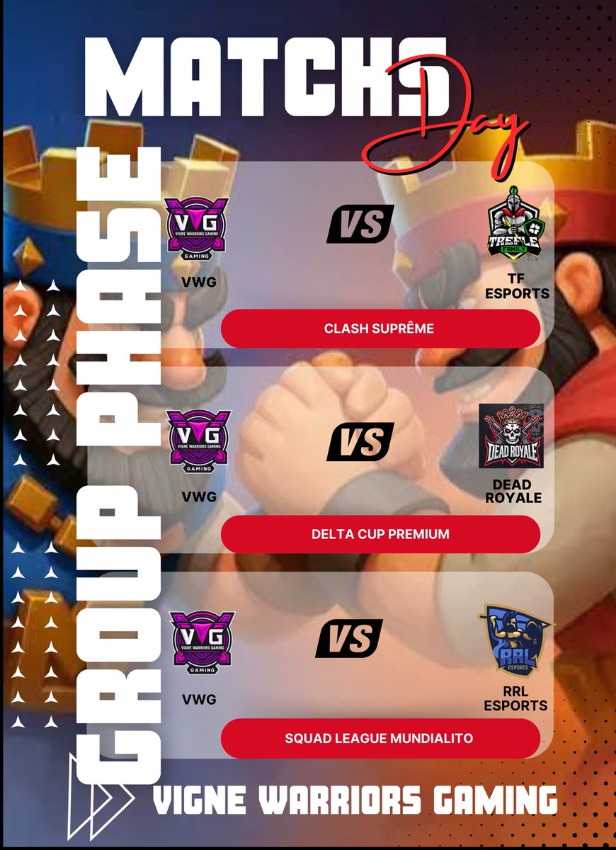 ⚡️MATCHS DAY⚡️

🏟️ |@clashsuprême
🆚 | <a href="/FamilyTrefle/">Trêfle Family🍀</a> 
⏰ | 03:00 PM 🇲🇽

🏟️ | <a href="/DeltaCup_2/">Delta Cup</a> 
🆚 | @deadroyale
⏰ | 04:00 PM 🇲🇽

🏟️ | <a href="/SquadLeagueCR/">Squad League 💎</a> Mundialito
🆚 | <a href="/RRL_eSports/">RRL eSports</a> 
⏰ | 06:00 PM 🇲🇽