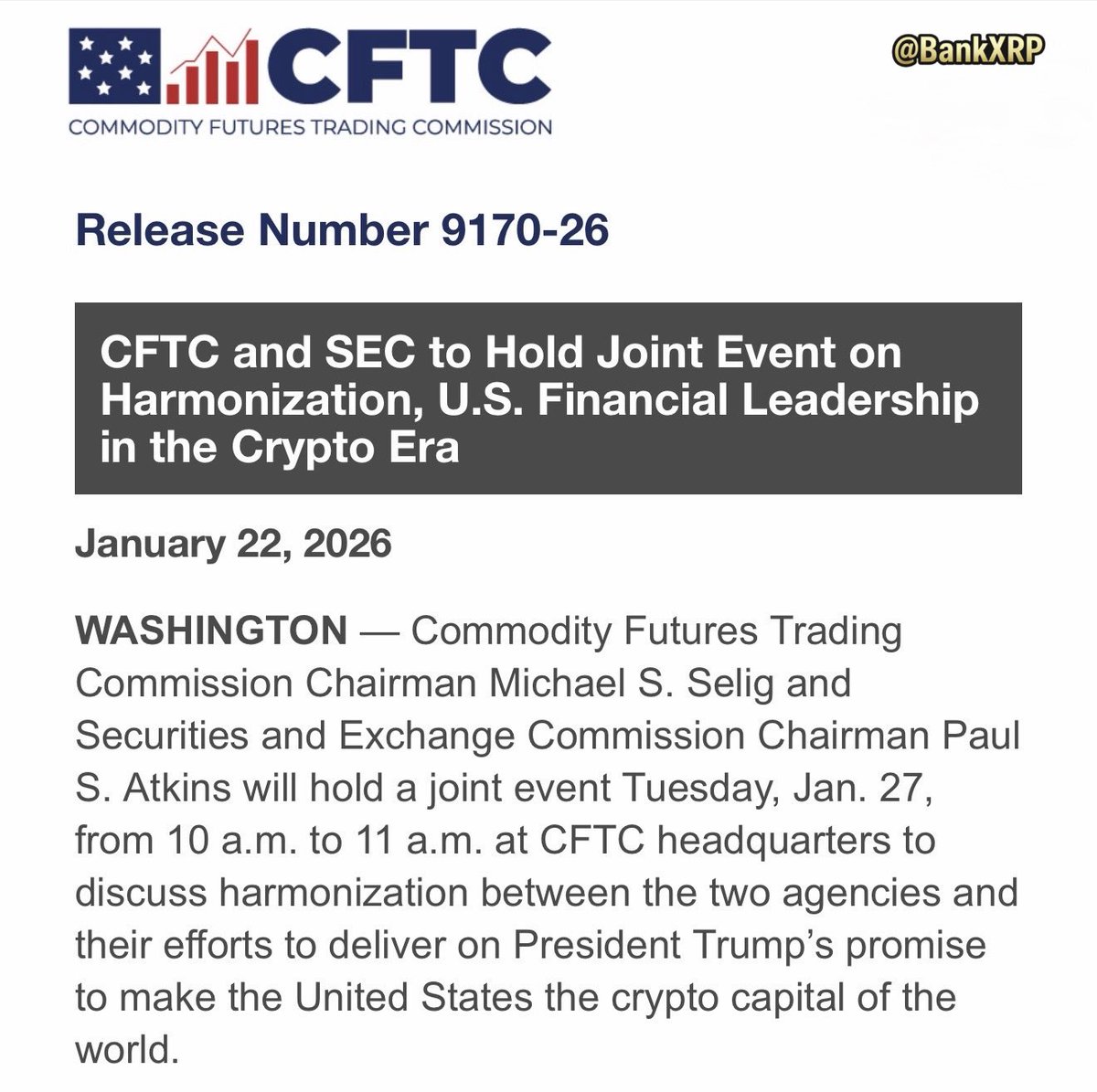 BIG NEWS for #Crypto in America 🇺🇸 SEC Chair Paul Atkins & CFTC Chair  Mike Selig team up for a joint event: “SEC – CFTC Harmonization: U.S.  Financial Leadership in the Crypto