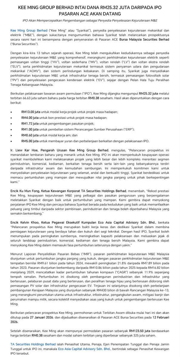 KEE MING GROUP BERHAD INTAI DANA RM25.32 JUTA DARIPADA IPO PASARAN ACE AKAN DATANG