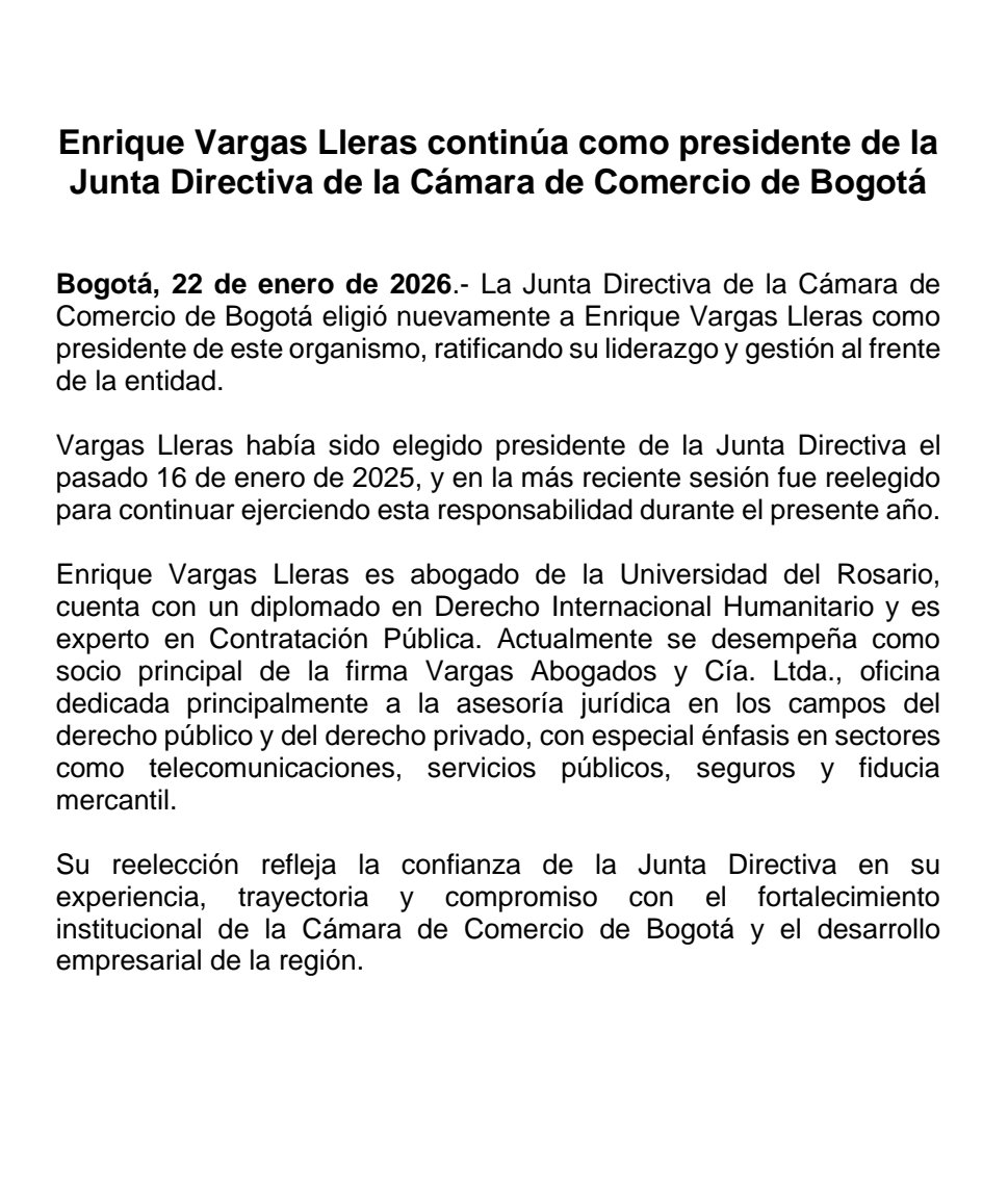Recibo con gratitud la reelección como presidente de la Junta Directiva de la Cámara de Comercio de Bogotá <a href="/camaracomerbog/">Cámara de Comercio de Bogotá</a>. Continuaré aportando mi experiencia y compromiso para fortalecer la institucionalidad y promover el desarrollo empresarial.