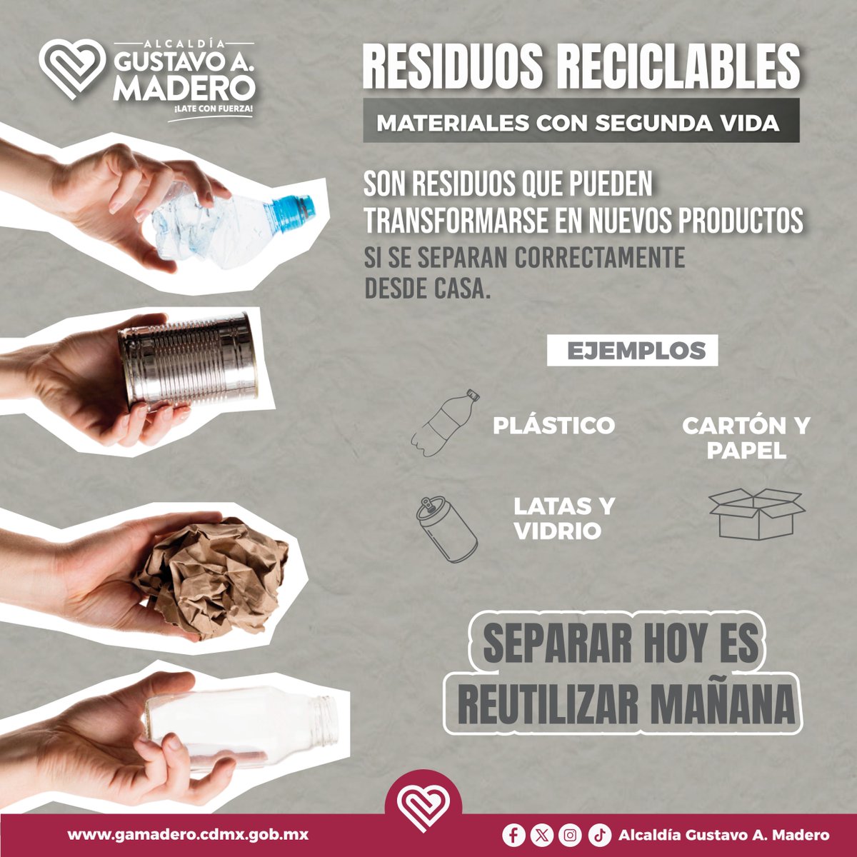 TuAlcaldiaGAM's tweet image. 🌍 ♻️Con pequeños hábitos desde casa ayudamos a reducir residuos, reutilizar materiales y cuidar el planeta.

👉 Si tú ya lo haces, gracias.
👉 Si aún no, hoy es buen día para empezar.

 Separar hoy es pensar en el mañana.

#BasuraCero #TransformaTuCiudad #HábitosQueTransforman