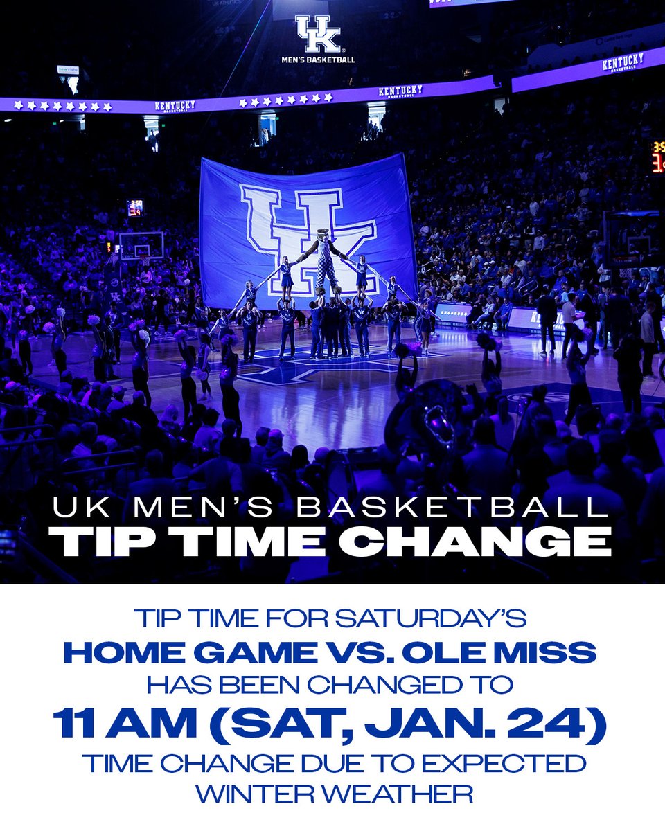 Because of the winter storm expected to impact Lexington and much of the surrounding area, tipoff of the <a href="/KentuckyMBB/">Kentucky Men’s Basketball</a> game vs. Ole Miss on Saturday, Jan. 24 will be moved earlier by one hour to 11 a.m. ET.

The game will still be broadcast on ESPN and tickets remain valid.

📰🔗