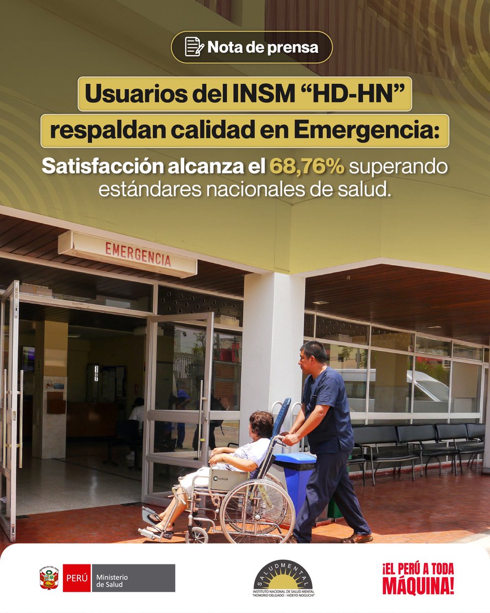 𝐍𝐨𝐭𝐚 𝐝𝐞 𝐩𝐫𝐞𝐧𝐬𝐚 | Según la última Encuesta de satisfacción del usuario externo 2025, el 68.76 % de los usuarios de Emergencia del #INSM respaldan la calidad de nuestra atención.

Más info en: gob.pe/es/n/1339044