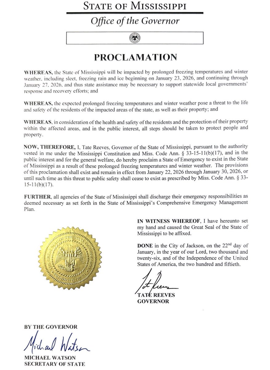 tatereeves's tweet image. I want to provide an update on the severe winter weather that is expected to impact Mississippi starting Friday.

First, I have declared a State of Emergency in advance of the storm. The State of Emergency will be in effect through at least January 27. Doing so will allow us to…