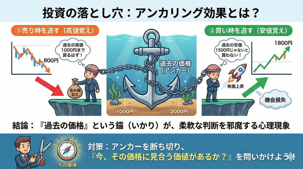 🔰アンカリング効果🔰 「高値覚え・安値覚えは損のもと」という格言があります。どうしても過去の価格に固執し、その価格を投資判断の基準としてしまい、売り時や買い時を逃すことがよくあります。  損切りラインを事前に決めておく、過去の価格ではなく今の価格で判断する ...