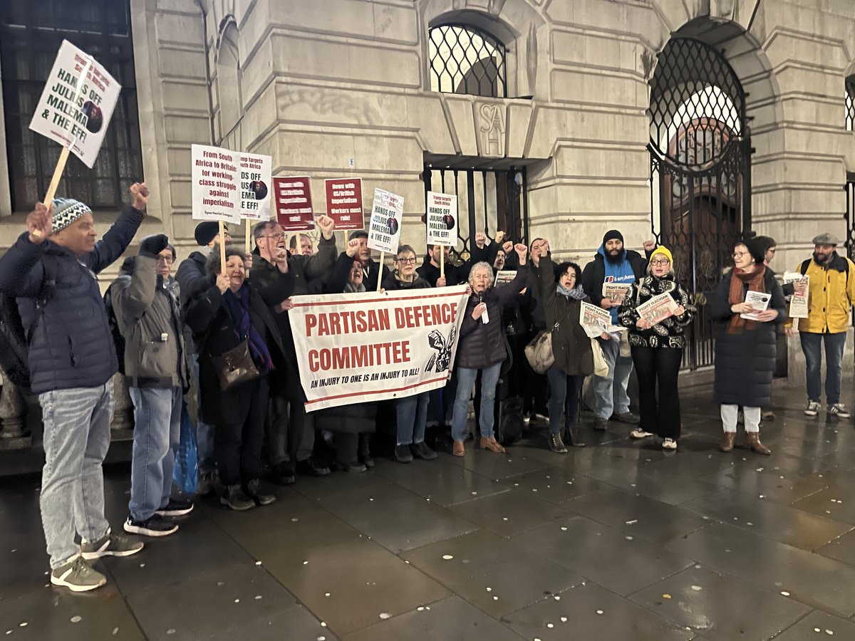 PDCBritain's tweet image. Protesters from the PDC, Spartacist League (@WorkersHammer), Revolutionary Communist Group (@RCGFRFI) and others protested at the South African High Commission in London this evening to demand: Hands off Julius Malema! Hands off the Economic Freedom Fighters! 
#JuliusMalema…