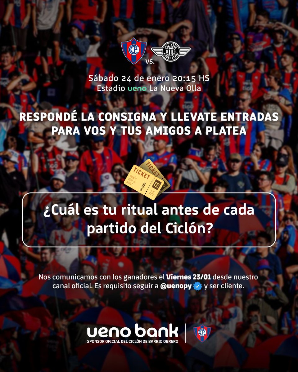 ¡Azulgranas, es ahora! 🔴🔵

Este sábado 24 <a href="/CCP1912oficial/">Club Cerro Porteño</a> juega en casa y vos podés estar ahí alentando en el estadio ueno La Nueva Olla.
Participá de la mecánica y ganá entradas a Platea con ueno bank para vos y tus amigos🎫🌪️
#uenobank