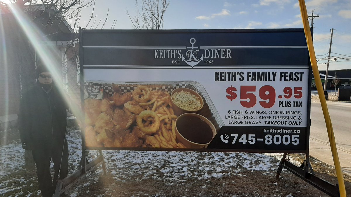 SignGuruNL's tweet image. It's Fish n Chips Friday at Keith's Diner, pick up the Cod Bites &amp;amp; Chips Deluxe or the KEITH’S FAMILY FEAST.
6 Fish, 6 Wings, Onion Rings, Large Fries, Large Dressing, and Large Gravy — all for $59.95 + tax.
Limited time only — Takeout Only