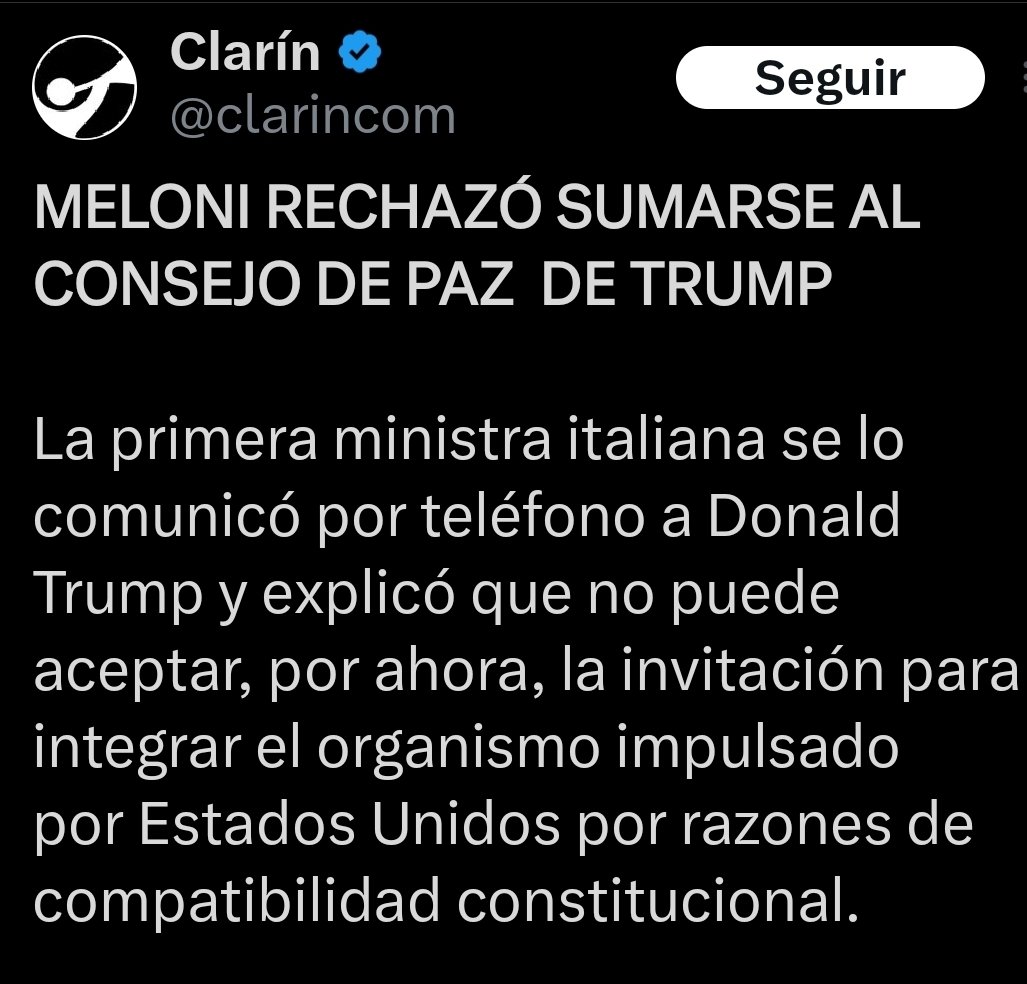 Giorgia Meloni puso un límite: Italia no se suma al "Consejo de Paz".
La Constitución italiana exige igualdad soberana para integrar entes internacionales, algo incompatible con un esquema donde Trump ejerce un mandato dominante.
Acá, Milei firma todo; el Congreso tuitea; la