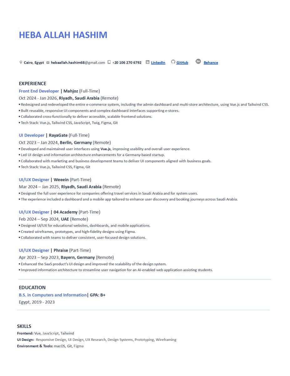 لو حد متاح قدامه اي بوزيشن من دول و ممكن يعملي ريكومنديشن ياريت يبعتلي بليز

- UI/UX 
- UI Dev 
- Frontend Dev, vue.js

CV: drive.google.com/file/d/1Y963tI…
