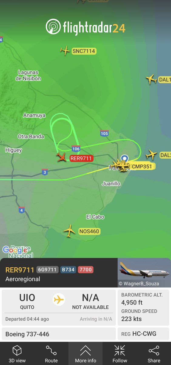 En este momento vuelo chárter de Aeroregional entre Quito y Puerto Príncipe declara emergencia general transponder 7700 y se mantiene en patrón de espera en Punta Cana.