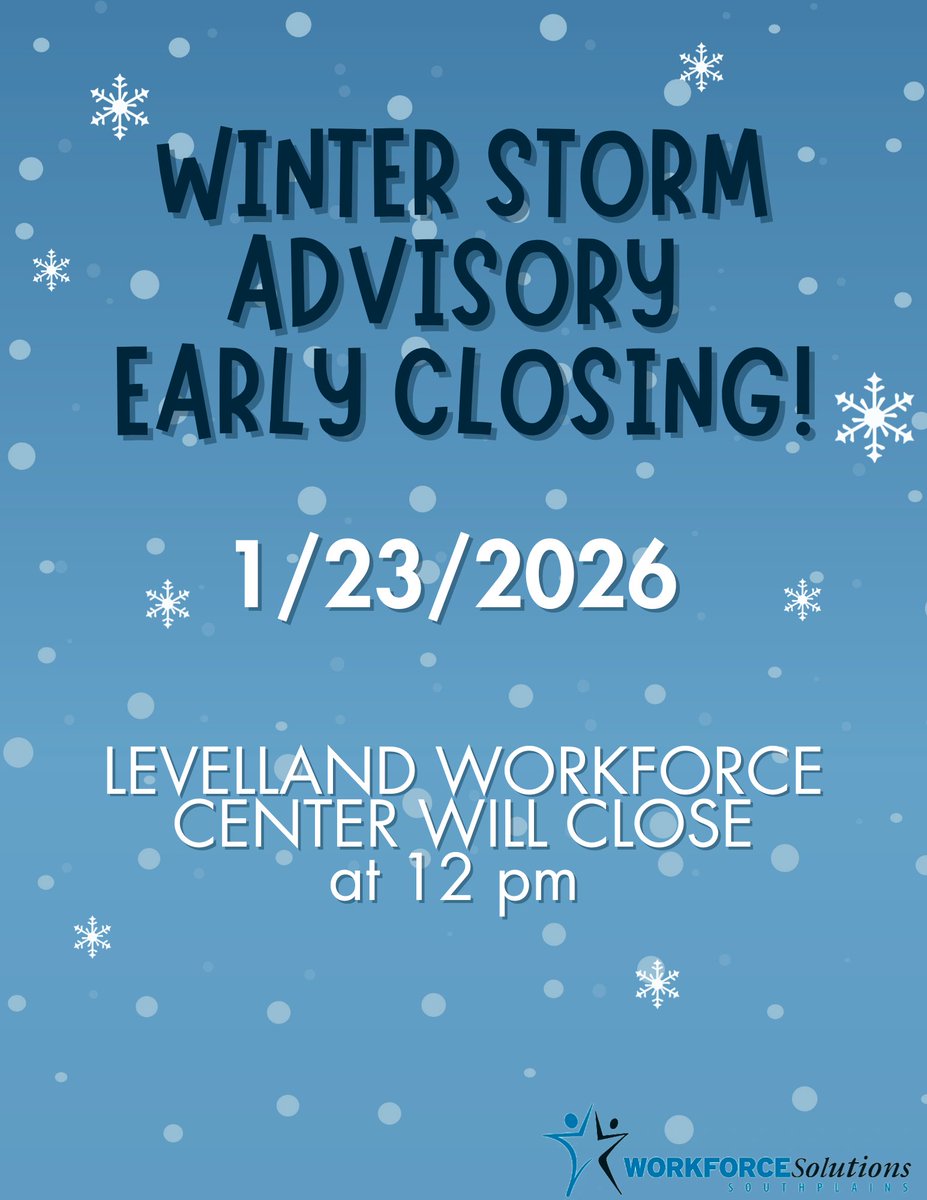 Due to concerning weather conditions, the Levelland Workforce Center will close at 12pm this upcoming Friday on 1/23/2026
 Stay safe, stay warm, and we’ll keep you updated on any further changes or rescheduled dates!
#LevellandTX #WorkforceSolutionsSP #WinterStorm #StayWarm
