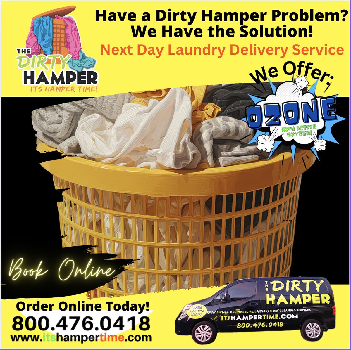 Do you have a dirty hamper that needs to be emptied? Go to itshampertime.com and book your delivery today!  #LaundryService #DirtyHamper #LaundryDelivery #BookOnline #CleanClothes #LaundrySolutions #OzoneCleaning #FreshLaundry #LaundryDay #LaundryPickup