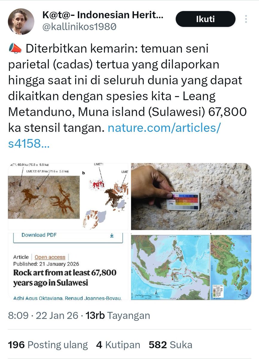 Sebenarnya yang keren itu...

Celebes/Sulawesi kan di tahun itu tidak bergabung dengan Sundaland pun dengan paparan Sahul (Papua - Australia) alias pulau sendiri

Jadi, spesies yang menggambar coretan-di-dinding itu "datang" dari mana?