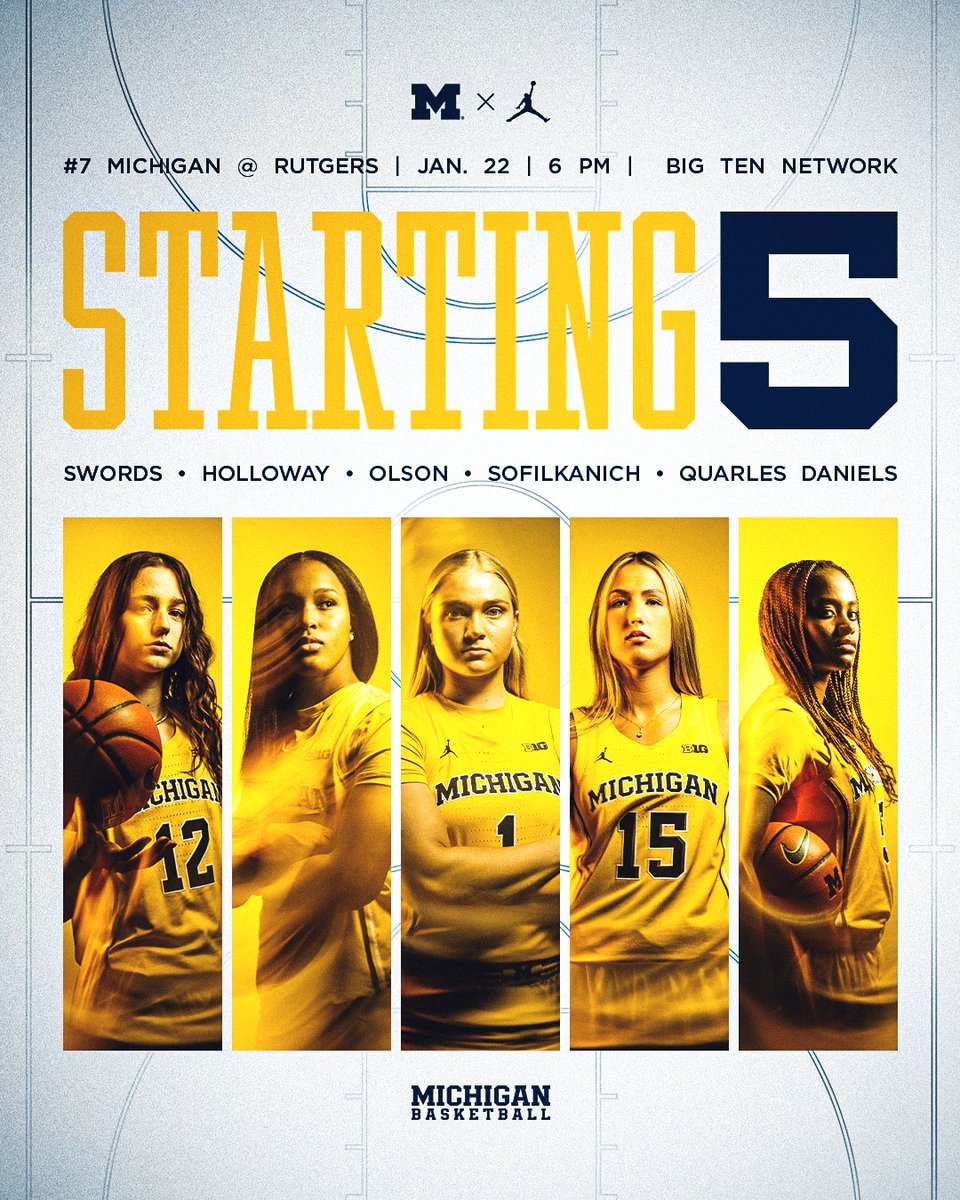 Same five for this one...tip coming up at 6:01 p.m.

Big Ten Network: myumi.ch/E843X
Live Stats: myumi.ch/bV4Gk
Listen: myumi.ch/Mk4RQ

#GoBlue