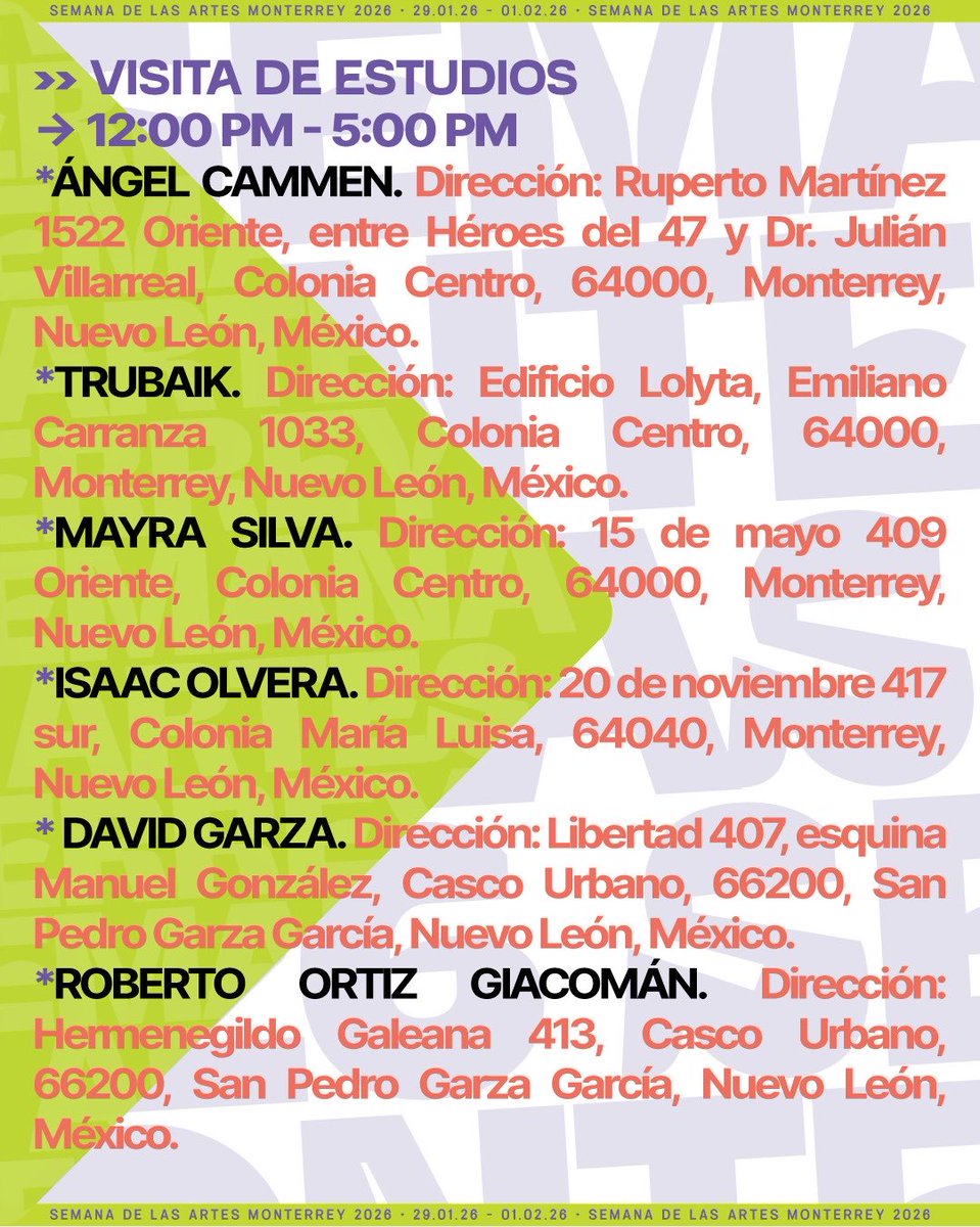 Por segunda ocasión, la Semana de Las Artes Monterrey te invita a la dinámica Visita de Estudios, en donde podrás conocer de cerca el trabajo de los artistas participantes. 

Consulta la dirección de los estudios y visítalos este próximo sábado 31 de enero, de 12:00 pm a 5:00 pm.