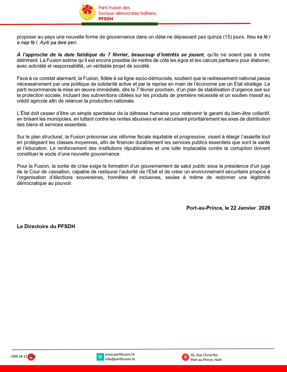 Crise sécuritaire, PIB en chute, inflation à 32 %. Après 21 mois d’échec du CPT, Haïti fait face à un vide politique au 7 février 2026.

La Fusion appelle à une gouvernance de salut public et à des élections crédibles.

#Haïti2026 #Crise #Sécurité #Démocratie
