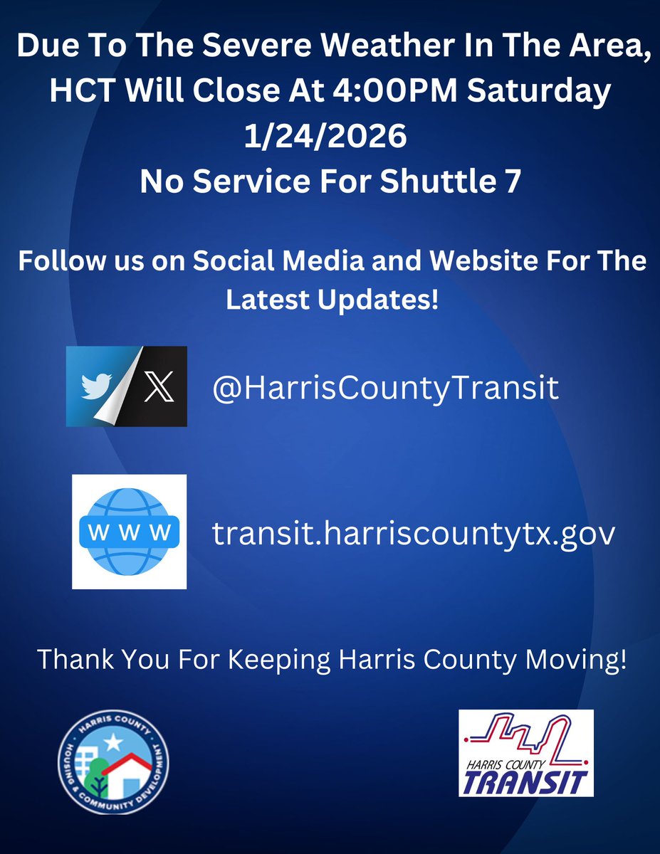 UPDATE: HCT will be monitoring the severe weather that will be approaching our area. Please check back for updates regarding service times/closures. Stay safe and warm Harris County.