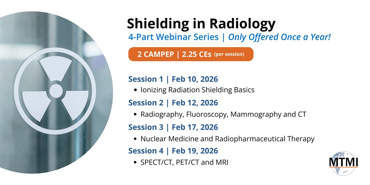 MTMIRadiates's tweet photo. Radiation safety is essential in every imaging department☢️ Join our exclusive 4-part webinar series on shielding for all major imaging modalities.

Visit our website to select sessions and save your spot: https://t.co/bteoWnNcYO

#medicalimaging #radiology #radtech #medphys https://t.co/HQdKShK1yT