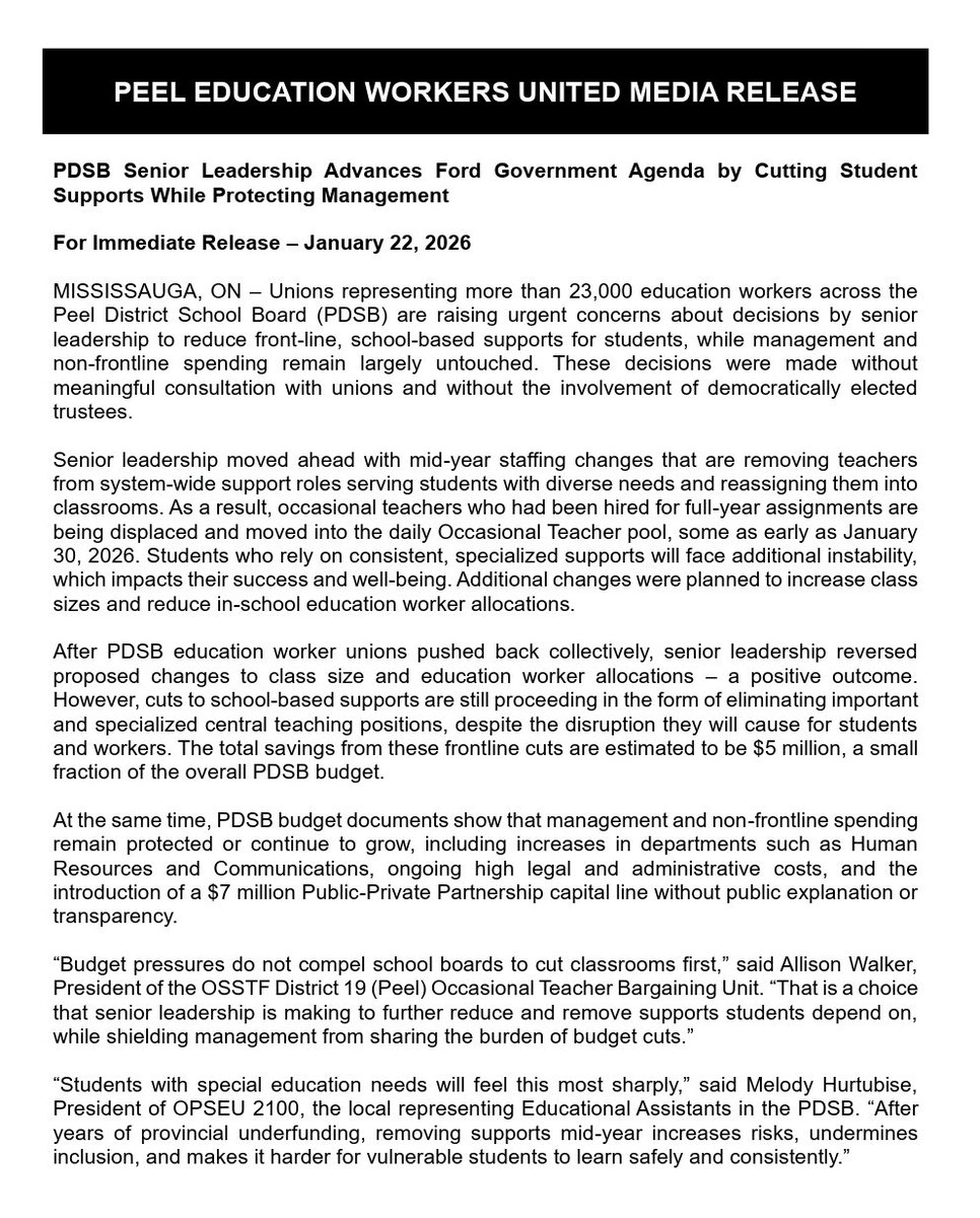 osstfd19otbu's tweet photo. Another joint statement release from your PDSB Union Leaders, addressing the Board's enrollment/budget fiasco coupled w/ the front-line cuts. Frustrated? Don't forget to join us at next week's Board meeting on Jan 28 👉 https://t.co/Ig4Jv9w6cD #OntEd #PEWU #FundTheFrontLines https://t.co/Ul9Ie2RWyh