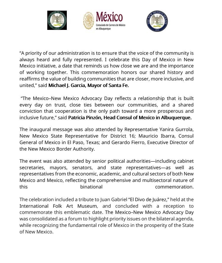 La Legislatura de Nuevo México conmemora por primera vez el "Día de México en Nuevo México /New Mexico Legislature Commemorates for the First Time the Mexico–New Mexico Advocacy Day 

The New Mexico State Capitol becomes the meeting point of a shared future.
The inaugural