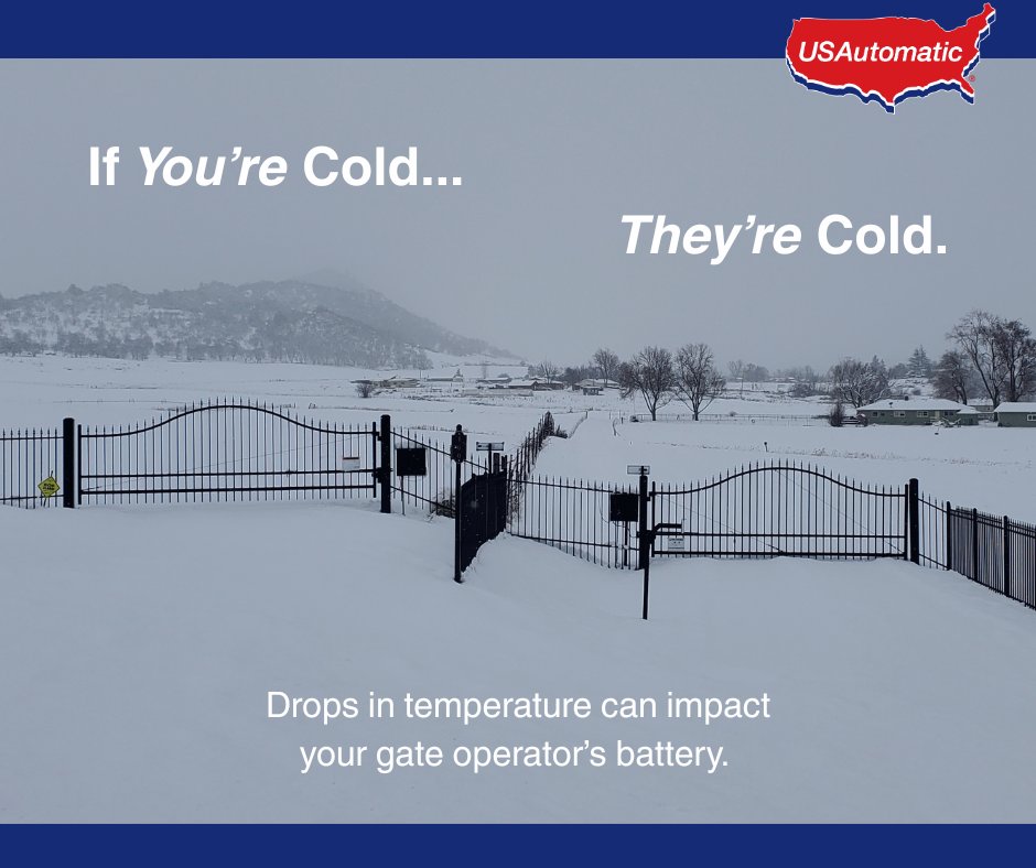 USAutomaticLLC's tweet photo. With a winter storm rapidly approaching, it’s important to remember that drops in temperature can affect your #USAutomatic gate operator’s battery.
Please get your battery load tested to ensure that your operator runs smoothly!

Credit goes to @Quality Fence Co  for the photo! https://t.co/Xk10efoYzy