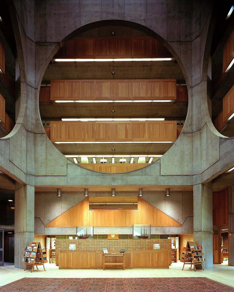 The brutalist interior atrium of the Phillips Exeter Academy Library in Exeter, New Hampshire