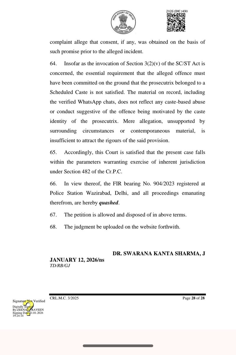imra_mra's tweet photo. In this case, after remaining in a consensual relationship with the man for nearly four years, the woman filed a rape case against him and also got a case registered under the SC/ST Act. According to her, she was subjected to sexual relations on the false promise of marriage. Fortunately, the man possessed the complete WhatsApp chat history. On the basis of this material, the Delhi High Court quashed the FIR.

Question :- There is no doubt that Justice Swarna Kanta Sharma is a good judge however, the question remains how justice is achieved when a Disgruntled woman who misuses rape laws and the SC/ST Act by filing false cases faces no consequences.

@rashtrapatibhvn

https://t.co/UHvQwCUBhh