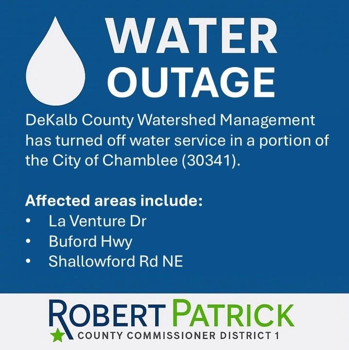 🚧 Water Service Alert
<a href="/DeKalbWatershed/">DeKalb Watershed</a> has temporarily shut off water service to repair an 8-inch broken water main in a portion of the <a href="/ChambleeGA/">Chamblee GA</a> (30341). ~ 50 to 100 customers are affected during repairs.

We understand the inconvenience and appreciate your patience.