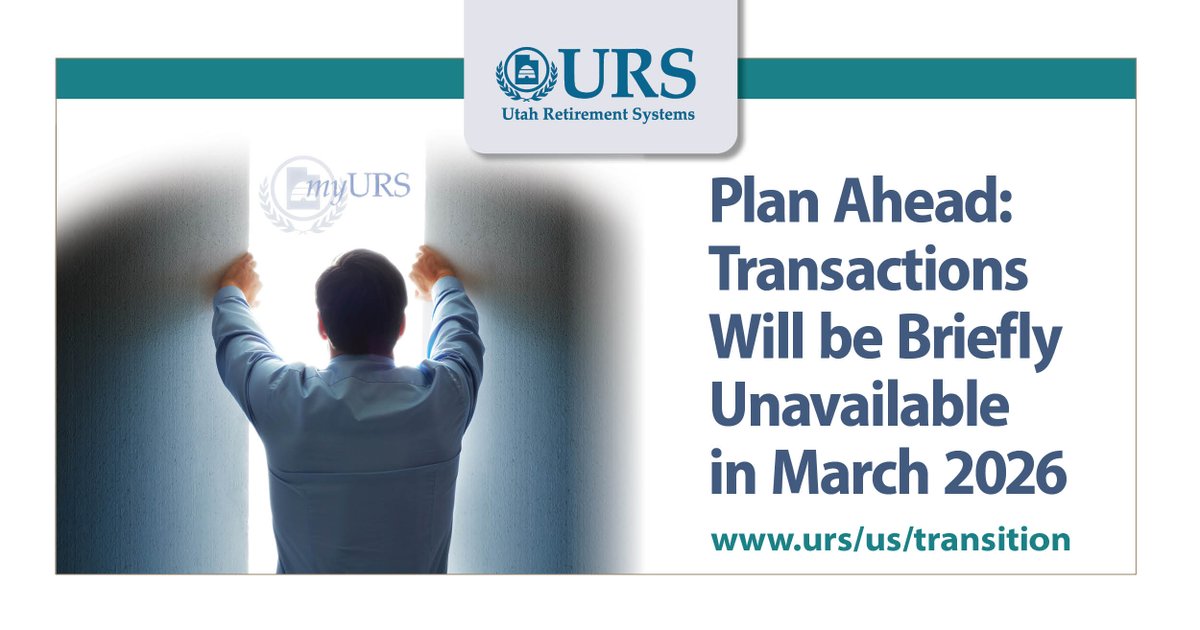 utahURS's tweet photo. FYI: Some transactions, such as Savings Plan withdrawals and trades, will be temporarily unavailable as we roll out an upgraded myURS experience. The blackout will last a few business days before the new member portal launches on March 30, 2026. Learn more https://t.co/9lV7cFd9aE https://t.co/3Zap5gg5Pm