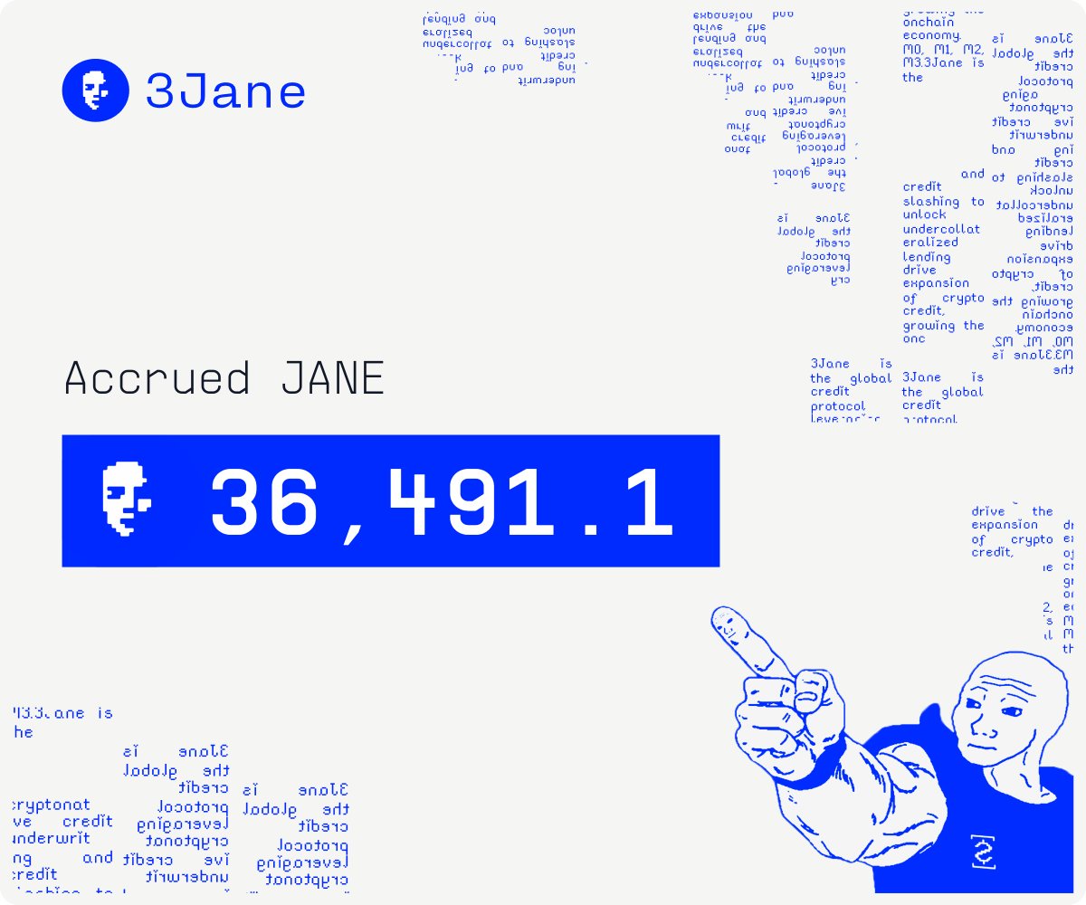 I've accrued 36,491.1 $JANE on <a href="/3janexyz/">3Jane</a>! app.3jane.xyz/farm