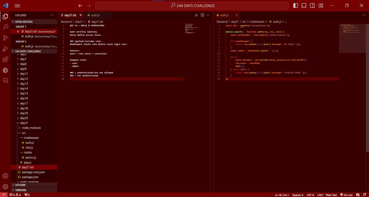 dxbolaji's tweet photo. Day 22/244 ๐ฆ
Implemented roles & permissions in Express.
Auth tells who you are, roles decide what you can do.
Middleware > messy route logic.
Backend starting to feel real ๐ค๐ฅ
#DXChallenge #BuildInPublic #BangerBoysinTech https://t.co/fwneki22a5