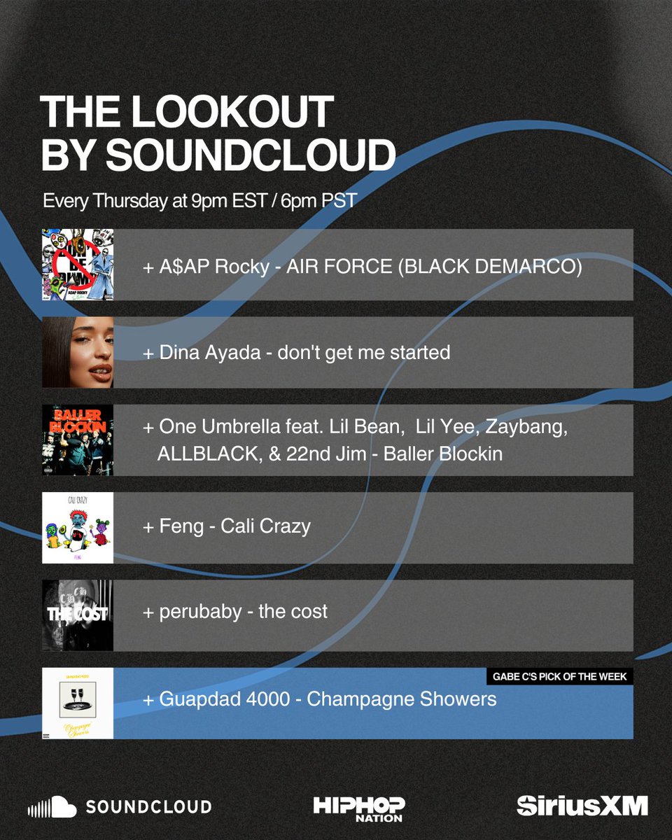 SoundCloud's tweet photo. Tonight on #TheLookout 🎙️ New music and heavy rotation from the prolific #asaprocky, #dinaayada, and more. Lock in only on @HipHopNation
https://t.co/d9YuIRlaCD https://t.co/uyyy3GmkOM