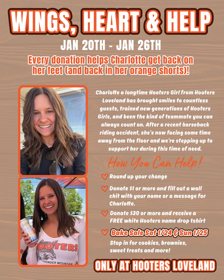 HootersCO's tweet photo. πͺ Sweet treats are landing THIS weekend at Hooters Loveland! πͺ
Swing by Saturday 1/24 and Sunday 1/25 for our bake sale to support Charlotte! Brownies, cookies, and more all baked (and bought) with love. π Every dollar goes directly to help Charlotte!
#BakeSale #Hooters https://t.co/JKB6RAvsN8
