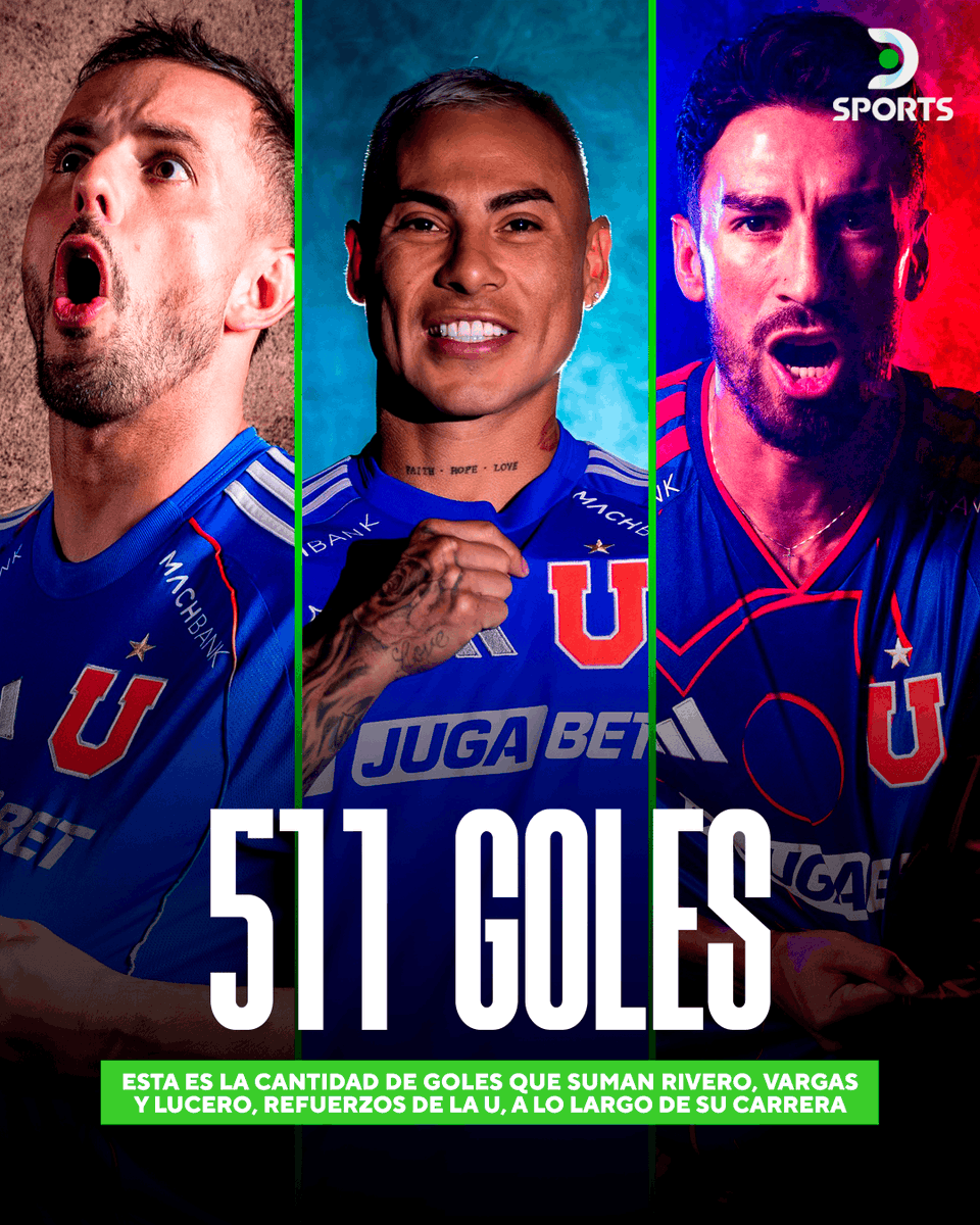 DSportsCL's tweet photo. ¿EL MEJOR TRIDENTE DEL FÚTBOL CHILENO EN 2026? 🔵😱

⚽ Universidad de Chile tendrá una delantera con un buen saldo de goles.

👀 Entre Rivero, Vargas y Lucero, los refuerzos azules suman 511 goles y 148 asistencias.

📷 UdCh https://t.co/KKHpT6LnJU