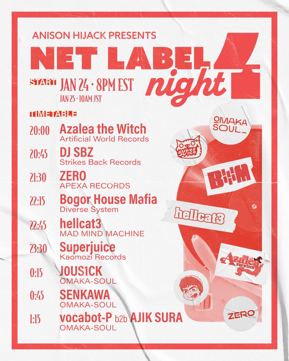 AnisonH's tweet photo. ⏰Timetable for #NLN4⏰

Unfortunately W.T. Snacks had to drop from the event but @hellcat10780736 is filling in with a @mmm_doujin set! Thank you hellcat3 and SANY-ON for the support🙏

Warm welcome to OMAKA-SOUL, our first crew takeover!

1/24🇺🇸20:00 EST
1/25🇯🇵10:00 JST
https://t.co/a4PowKceiG

Design: @kaymoyoh 
#NetLabelNight