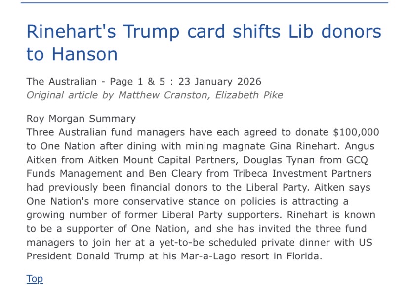 DougCameron51's tweet image. The  billionaires club led by Gina Rinehart fund the racist and divisive One Nation.
Labor has an opportunity to ensure it builds its base by ensuring working class Australians get a fair go. Spend more on building a good society less on militarism and fix CGT and -ve gearing.