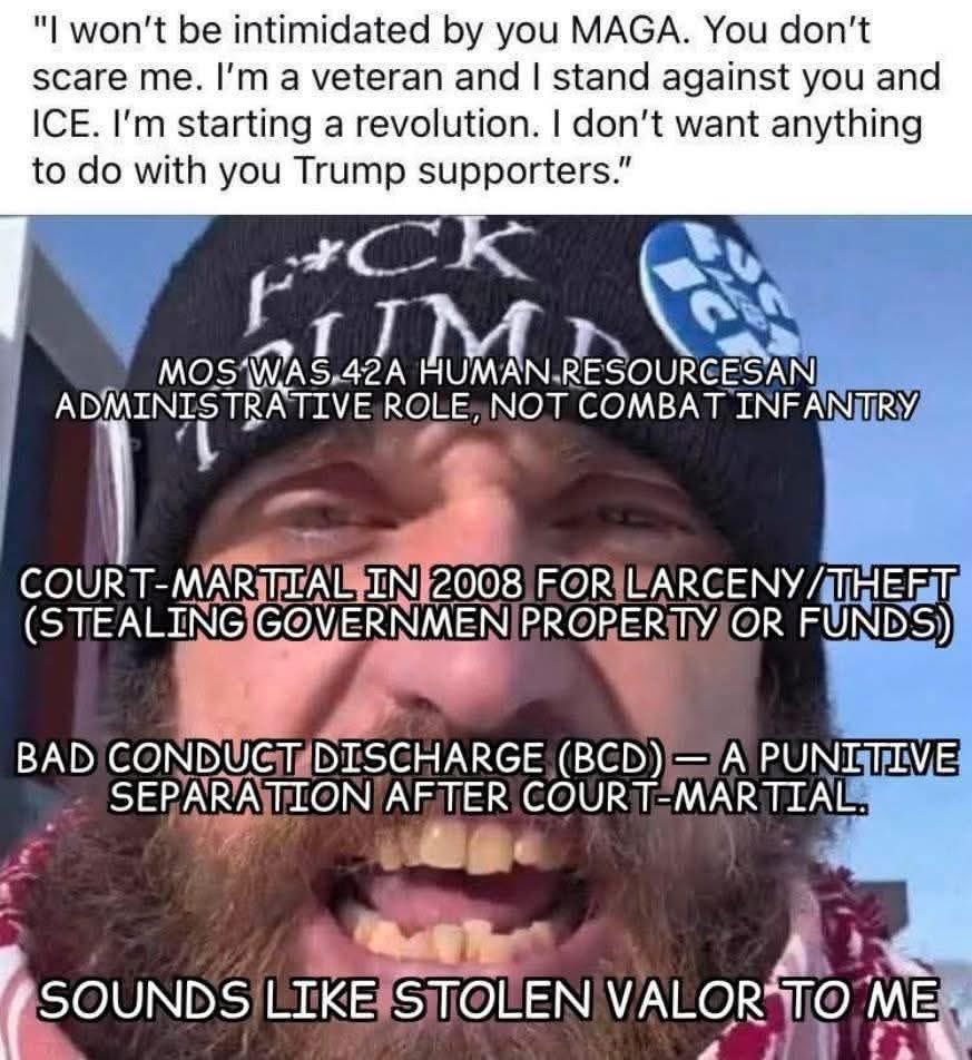 JimBobW49's tweet photo. Exposed: Radical Activist’s Stolen Valor Undermines True Patriotism

In a time when America’s veterans deserve unwavering respect, far-left agitator William Kelly exemplifies the hypocrisy plaguing progressive activism. Kelly, a vocal anti-ICE protester infamous for storming a Minnesota church in 2024 to disrupt an immigration-related event, has paraded his “veteran” status to fuel his revolutionary rhetoric. But a closer look reveals a tale of dishonor, not heroism.

Kelly enlisted in the U.S. Army around 2007, serving until 2011 in a non-combat role as a Human Resources Specialist (MOS 42A). Far from the front lines, his duties involved paperwork and administrative tasks—no infantry battles, no deployments to Iraq or Afghanistan, and certainly no combat badges. Yet, in fiery videos and confrontations, he’s implied combat experience, lecturing on military oaths while facing off against National Guard troops. This exaggeration screams stolen valor, violating the spirit of the 2013 Stolen Valor Act by leveraging false bravado for political gain.

The rot runs deeper. In 2008, as a Sergeant (E-5), Kelly faced a court-martial for larceny—theft of government property or funds under Article 121 of the Uniform Code of Military Justice. Convicted, he was demoted to Private (E-1) and slapped with a Bad Conduct Discharge (BCD), a punitive separation that strips most veteran benefits and carries lifelong stigma. While technically a veteran under U.S. law, his record is a far cry from the honorable service of those who truly sacrificed.

From a conservative perspective, Kelly’s antics expose the left’s disdain for law and order. He rails against “MAGA” and Trump supporters, vowing revolution against ICE, yet his own history reeks of criminality and entitlement. Real veterans—those who fought for our freedoms—don’t steal from taxpayers or fabricate glory to push anti-border agendas. This isn’t just personal failure; it’s a symptom of radicalism that erodes national pride. Honoring our military means calling out imposters like Kelly, who exploit service for chaos. His multiple arrests for activism-related offenses, including obstruction and stalking in 2024-2025, only cement his unfitness as a role model.

America needs leaders who value integrity over ideology. Kelly’s story is a wake-up call: Protect our heroes from those who tarnish their legacy.
#StolenValor #VeteranIntegrity #MilitaryHonor #ConservativeValues #AntiICEHypocrisy #BadConductDischarge #TruePatriotism #MAGA #LawAndOrder #RadicalLeftExposed