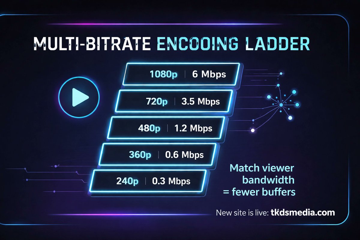 TKDSSports's tweet photo. Multi-bitrate “encoding ladder” = streaming at different qualities to match every viewer’s connection: goodbye, buffering! Want to set yours up? Our new site is live: https://t.co/0KHec9YxAH 🚀 #Streaming #OTT #VideoEncoding #HLS #DASH #Broadcast https://t.co/ilQaQpoE7G