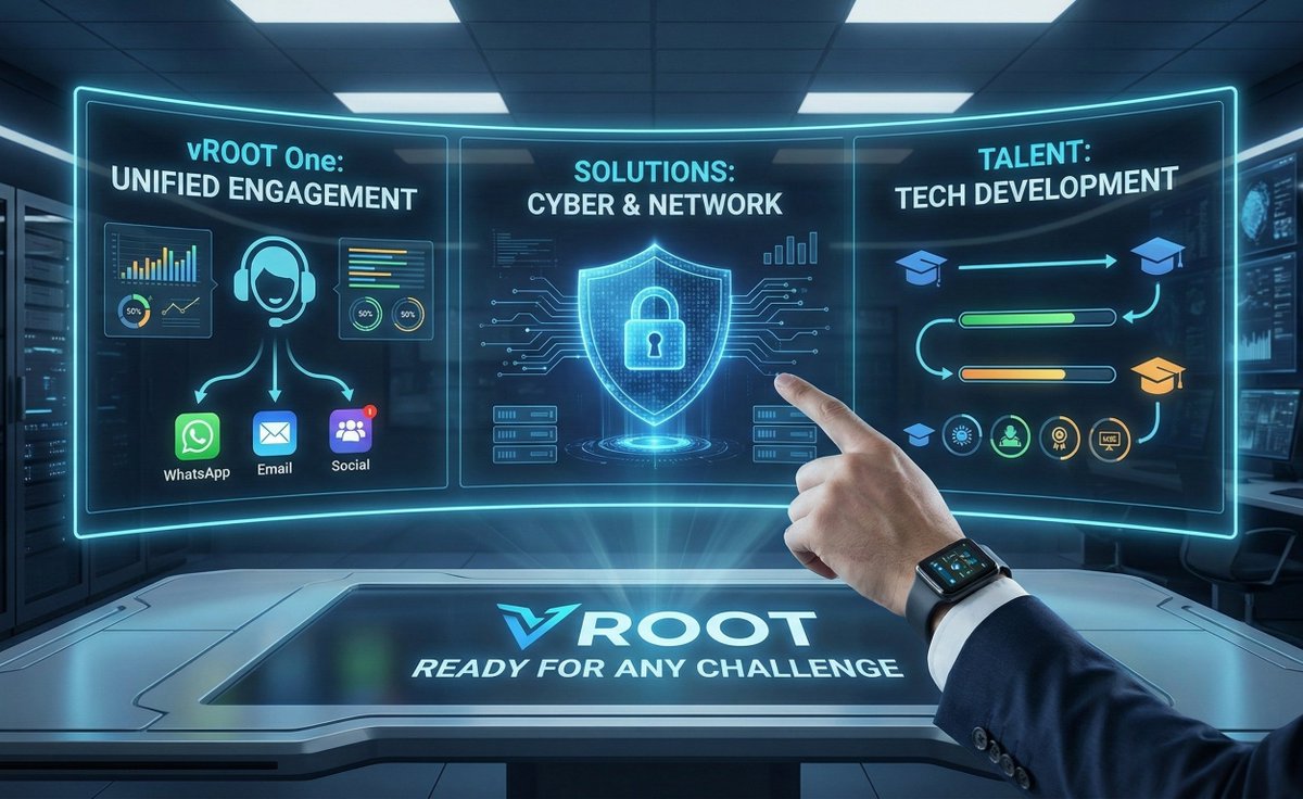 vROOTCompany's tweet photo. في عالم الأعمال، تحتاج لشريك يملك كل الأدوات. 🛠️

على مدار الشهر الماضي، تعرفتم على هويتنا الجديدة وحلولنا الذكية. نحن هنا لنكون ذراعك التقني المتكامل:
🔹 vROOT One: لإدارة المحادثات وتوحيد القنوات
🔹 Solutions: حلول الأمن السيبراني  والشبكات
🔹 Talent: تدريب وتطوير الكفاءات التقنية

سواء كنت تبحث عن حماية لبياناتك، نظام لخدمة عملائك، أو تطوير لفريقك.. VROOT هي وجهتك.

#VROOT_Services 
#OneStopShop 
#TechPartner 
#ReadyToServe